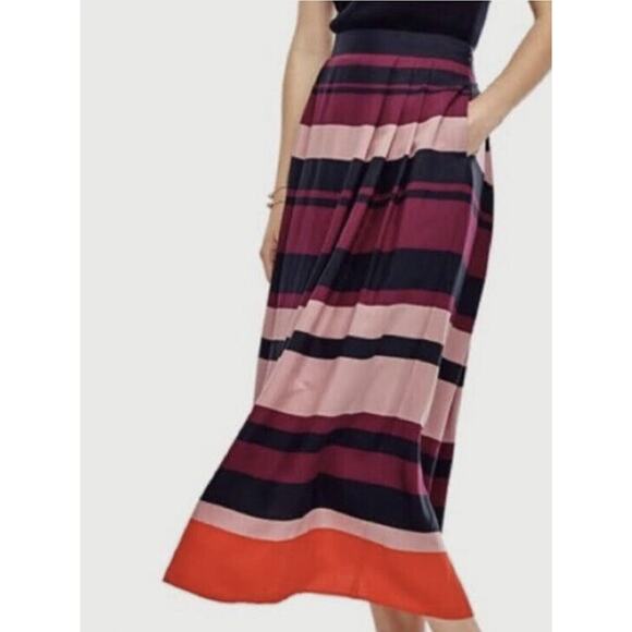 ANN TAYLOR Purple Red Striped Pleated Midi Skirt A-Line Women's Size 2 - Picture 1 of 6